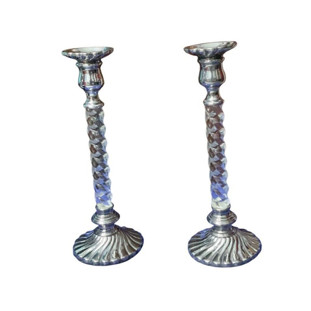 Vintage Hollywood Regency Glam Polished Pewter Lucite Twist Candle Stick Pair